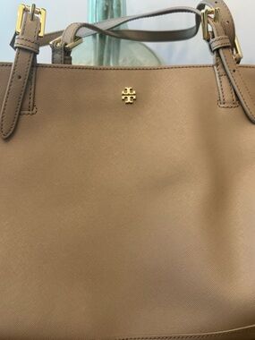 Tory Burch tan leather tote with gold logo hardware